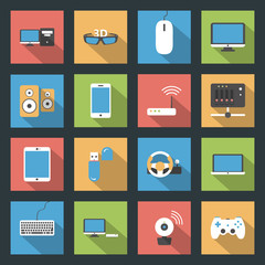 Computers, peripherals and network devices flat icons set