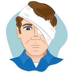 First aid dressing bandages with bandage on head and eye
