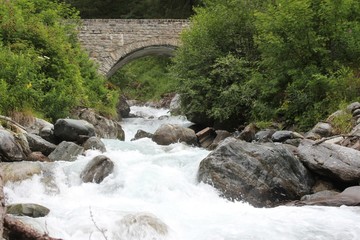 Fototapeta na wymiar Wildbach und Brücke