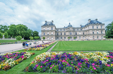 Flowers and buildings of Luxembourg Gardens in Paris