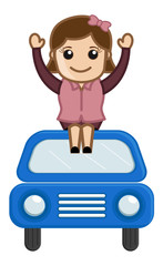 Cartoon Character - Girl Sitting on Car - Travel Concept