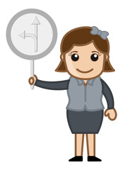 Cartoon Vector Woman Showing Arrows Sign