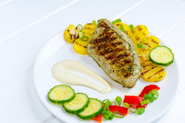 Grill turkey with potatoes and dip