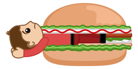 Cartoon Man Stucked in Burger as Filling