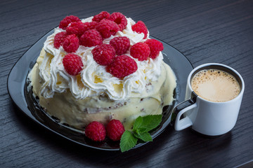 Coffee with raspberry cake