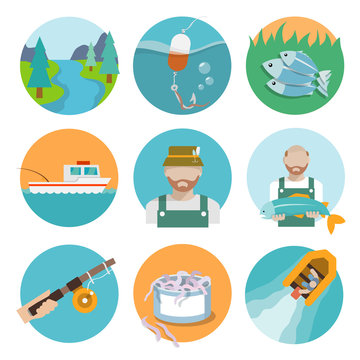 Set of fishing flat icons
