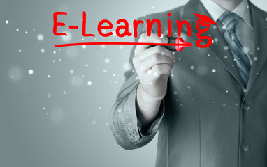 business man writing e-learning concept