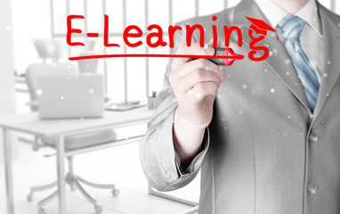 business man writing e-learning concept