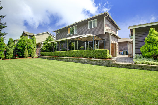 Backyard Landscape With Trimmed Hedges