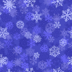 Fototapeta na wymiar Seamless pattern of snowflakes, white on blue