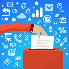 Bright vector illustration male hand down the ballot box voting