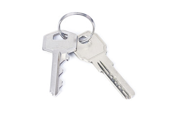 set of two keys on the keychain isolated on white background