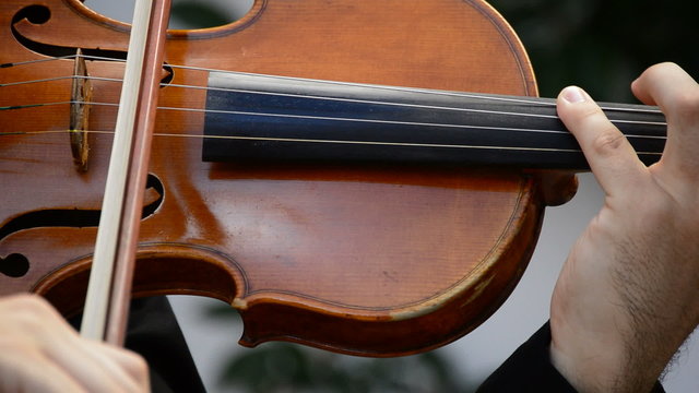 Musician playing violin on a concert in close up