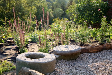 Gravel terrace with patch of perennials.