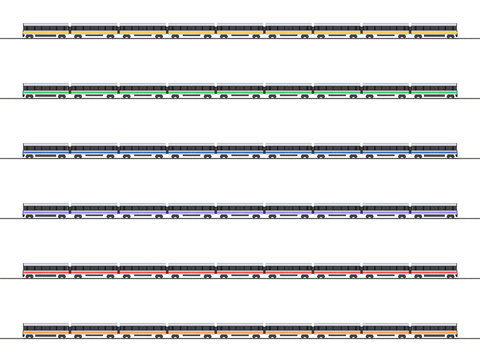 6色の電車の側面図