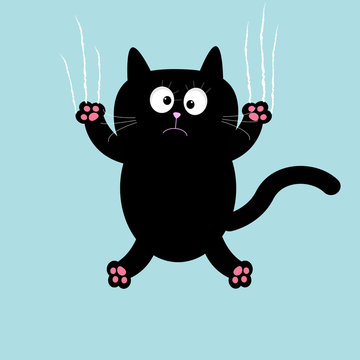 Cartoon black cat claw scratch glass background.