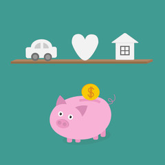 Piggy bank an shelf with car heart love house. Flat design