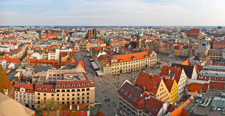 Naklejka na ściany i meble Panoramic view on town square, Wroclaw, Poland