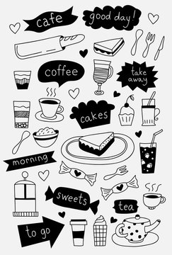 Hand drawn cafe icons with coffee tea cakes desserts and sweets