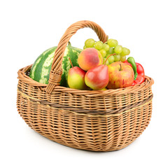 fruits and vegetables in basket isolated on white