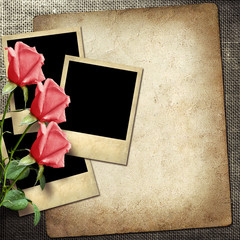 Polaroid-style photo on a linen background  with red roses