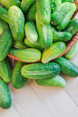 Lots fresh green cucumbers wooden table