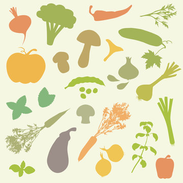 vector set silhouettes of vegetables, food icons