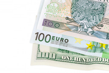 Banknotes of 100 dollars euro and polish zloty