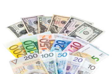 Obraz na płótnie Canvas Dollar euro and polish zloty banknotes