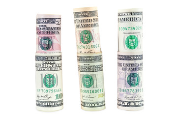 Rolled dollar banknotes on white background