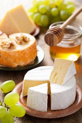 cheese plate with camembert, cheddar, grapes and honey