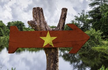 Vietnam wooden sign with a forest background