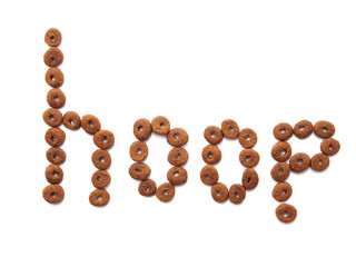 word hoop made from cat food.