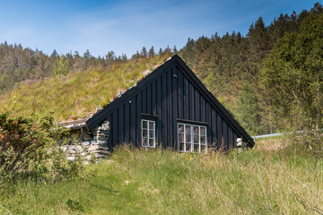 Fototapeta na wymiar Wooden hut in famous Revsvatnet park, Norway