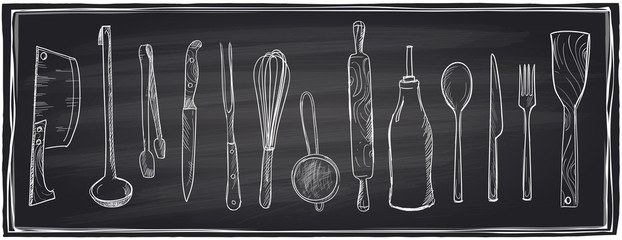 Hand drawn set of kitchen utensils on a chalkboard. - obrazy, fototapety, plakaty