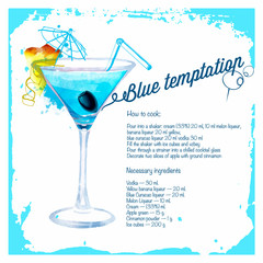 Blue temptation cocktails drawn watercolor.