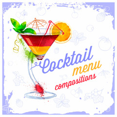 Vector Cocktails menu drawn watercolor.