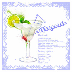 Сocktail Margarita. Menu drawn watercolor