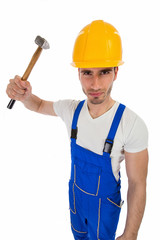 Angry construction worker with a hammer