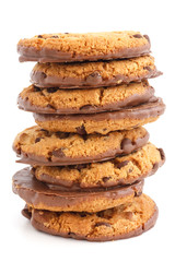 Chocolate chip cookies with half coated in chocolate.