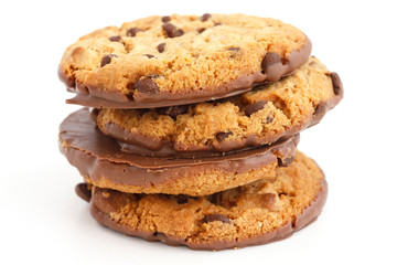 Fototapeta na wymiar Chocolate chip cookies with half coated in chocolate.