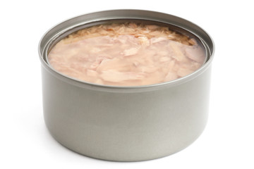 Open can of tuna in brine. Space for label.