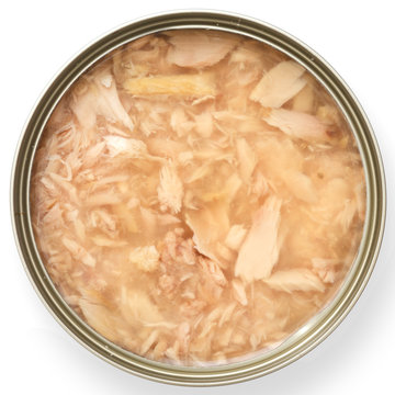 Open can of tuna in brine. Viewed from above.