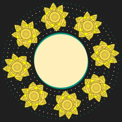 Black elegant round frame with yellow narcissuses and dots