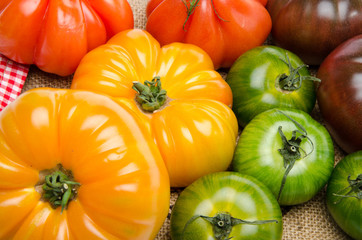 Green, yellow, orange and purple tomatoes