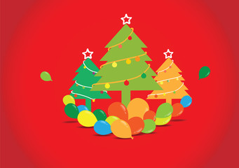 Christmas tree with balloons on red background