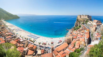 Panoramic view over Scilla with Castello Ruffo, Calabria, Italy