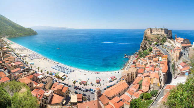 Panoramic view over Scilla with Castello Ruffo, Calabria, Italy