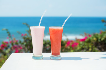 Two fresh juices on a tropical resort