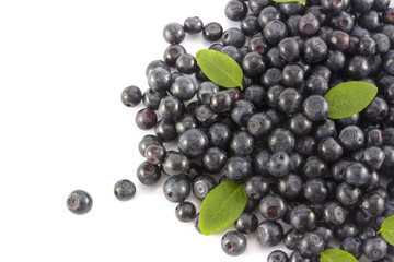 Blueberries with leaves on white background